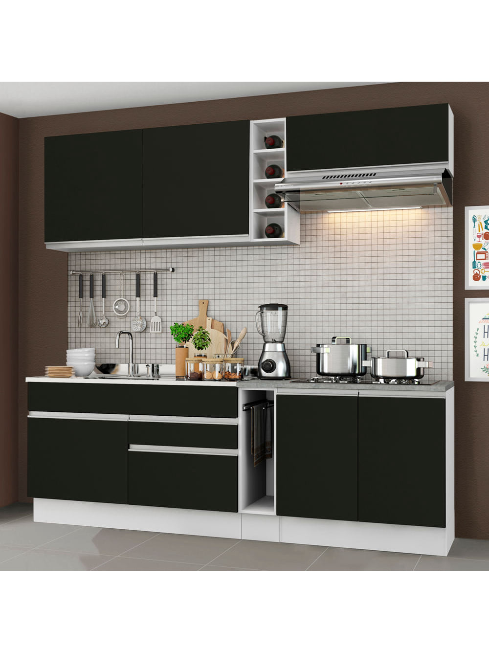 Armário de Cozinha Completa 220cm Branco/Preto Parma Madesa 03 - Branco/Preto