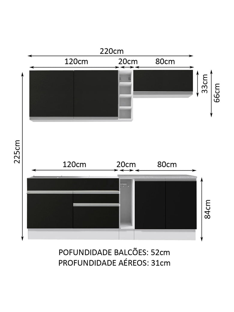 Armário de Cozinha Completa 220cm Branco/Preto Parma Madesa 03