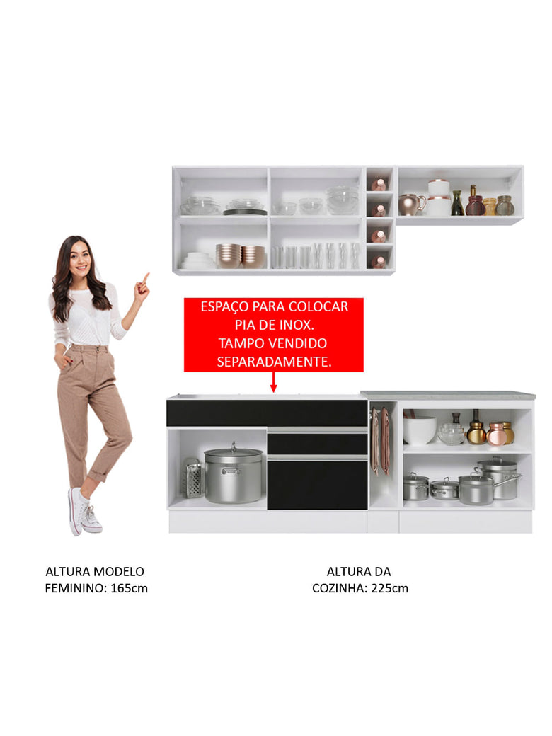 Armário de Cozinha Completa 220cm Branco/Preto Parma Madesa 03