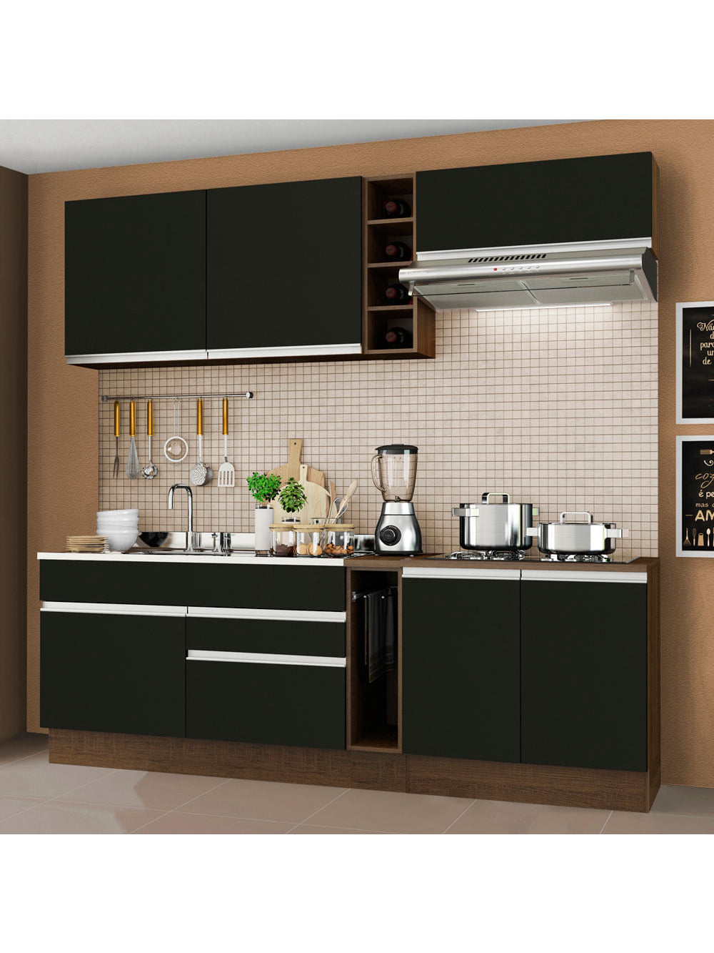 Armário de Cozinha Completa 220cm Rustic/Preto Parma Madesa 03 - Rustic/Preto