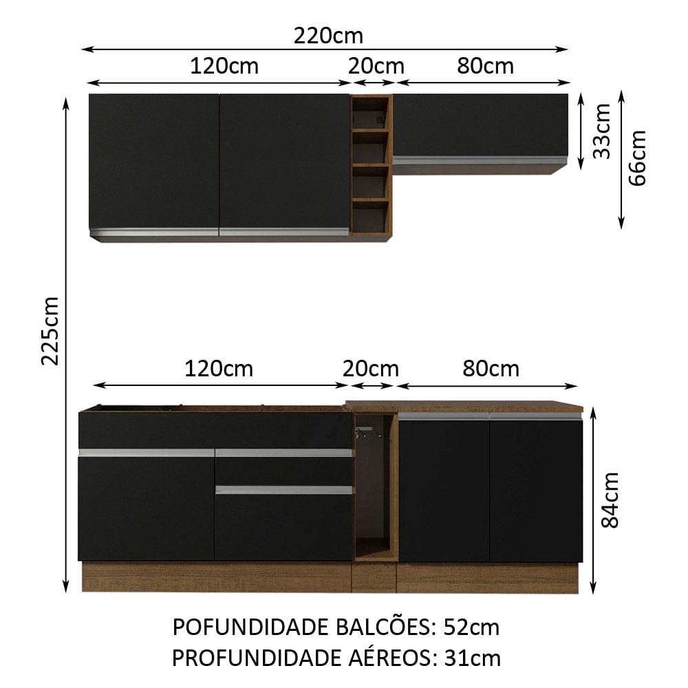 Armário de Cozinha Completa 220cm Rustic/Preto Parma Madesa 03