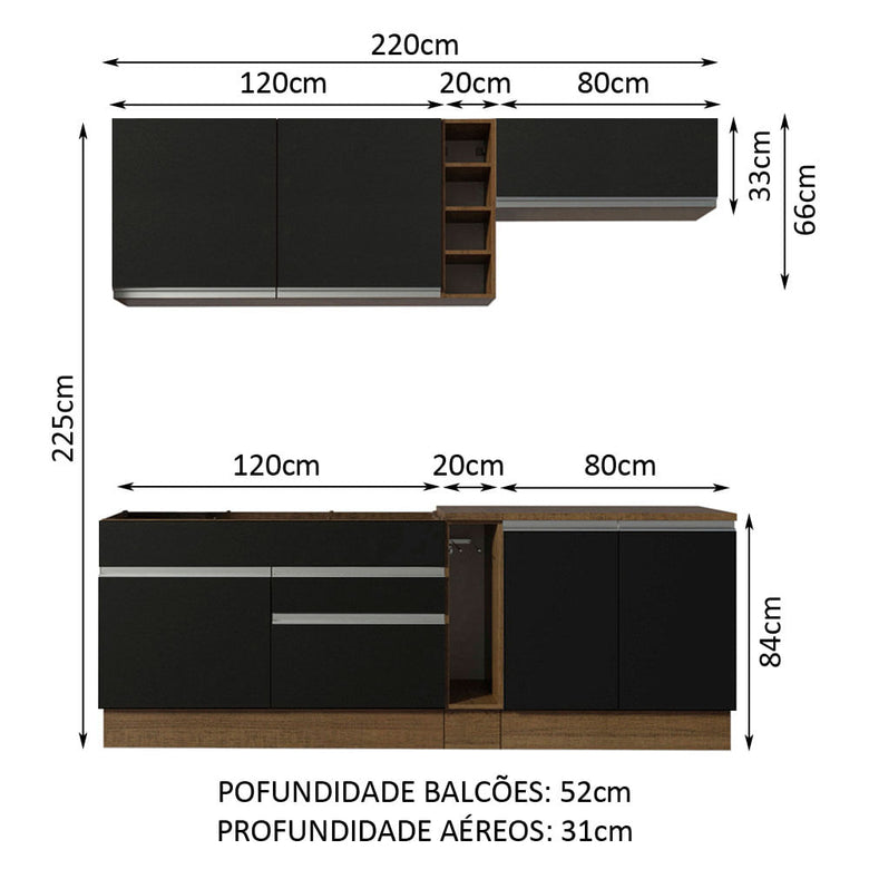 Armário de Cozinha Completa 220cm Rustic/Preto Parma Madesa 03