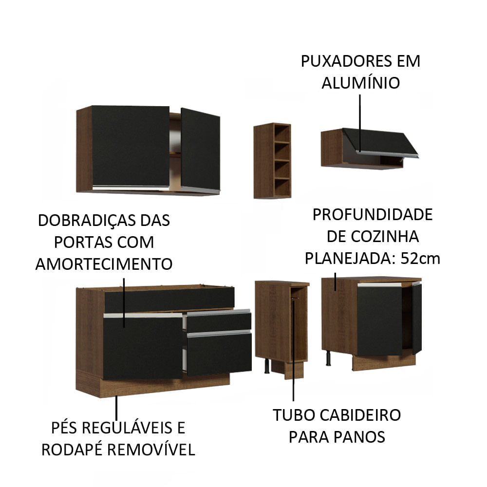 Armário de Cozinha Completa 220cm Rustic/Preto Parma Madesa 03