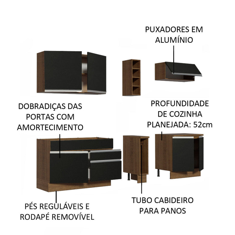 Armário de Cozinha Completa 220cm Rustic/Preto Parma Madesa 03