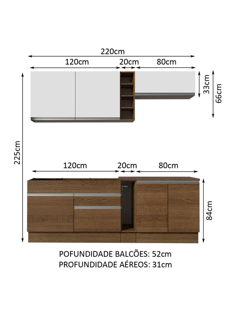 Armário de Cozinha Completa 220cm Rustic/Rustic/Branco Parma Madesa 03