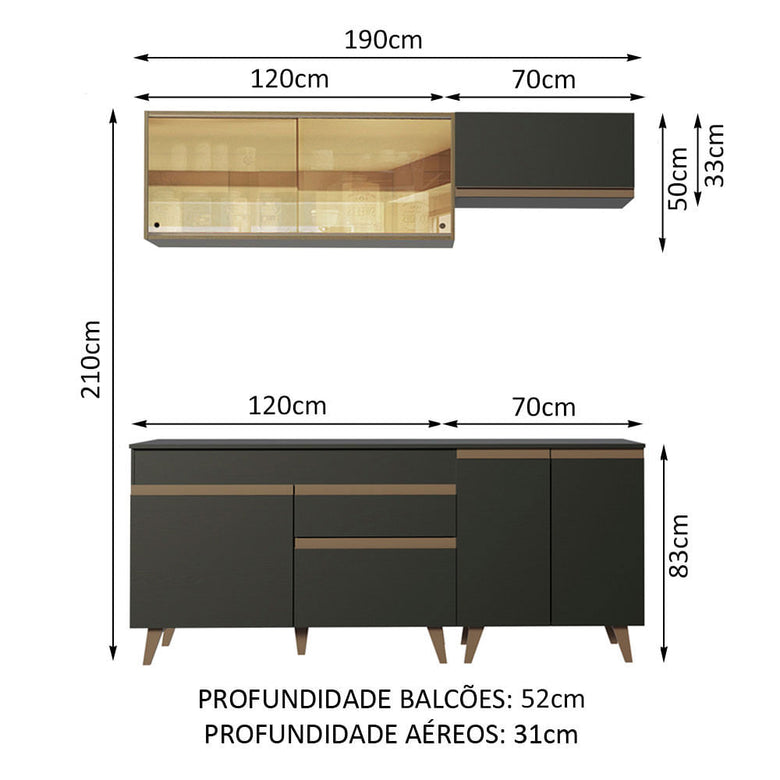 Armário de Cozinha Compacta 190cm Preto/Rustic Reims Madesa 01
