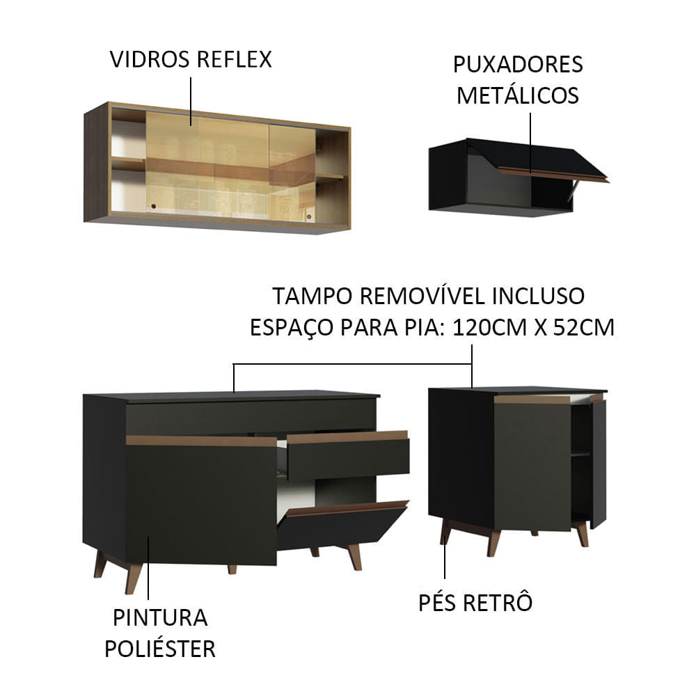 Armário de Cozinha Compacta 190cm Preto/Rustic Reims Madesa 01
