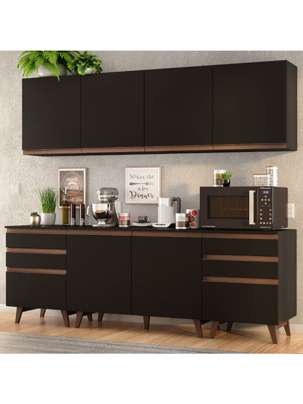 Armário de Cozinha Completa 240cm Preto/Rustic Reims Madesa 02 - Preto