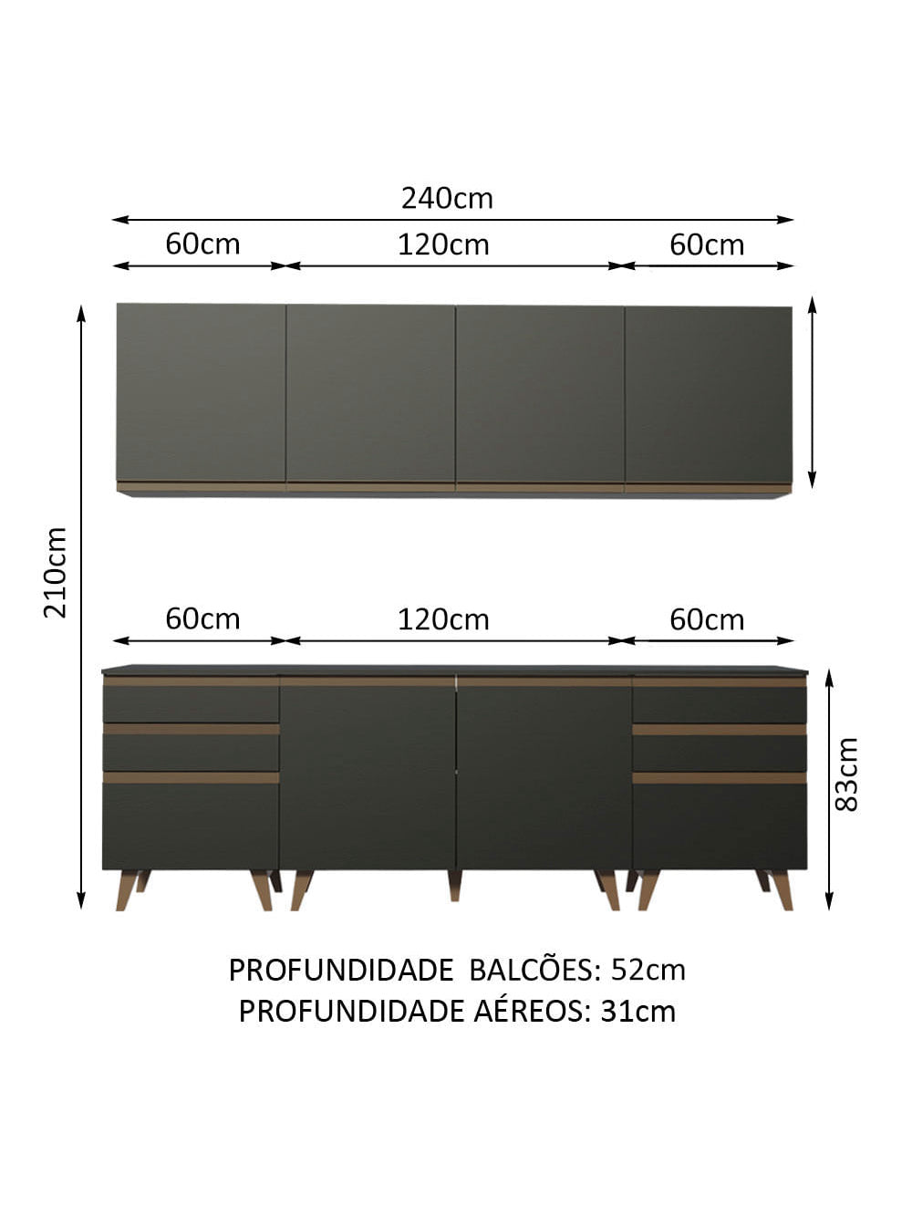 Armário de Cozinha Completa 240cm Preto/Rustic Reims Madesa 02