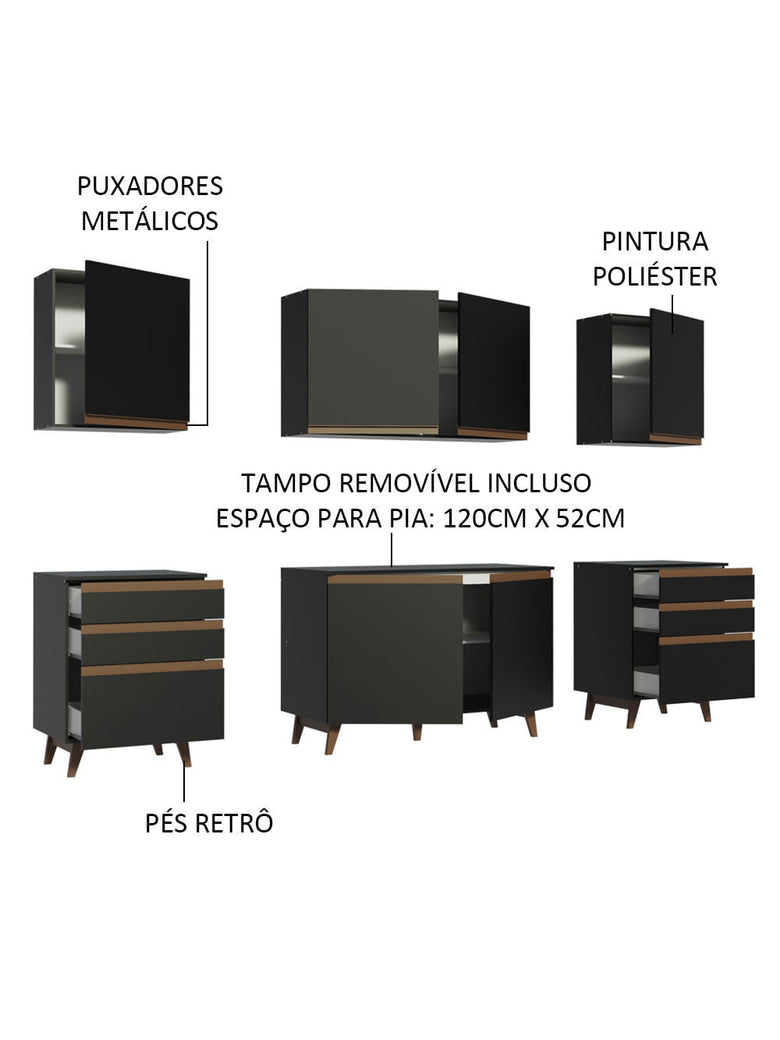 Armário de Cozinha Completa 240cm Preto/Rustic Reims Madesa 02