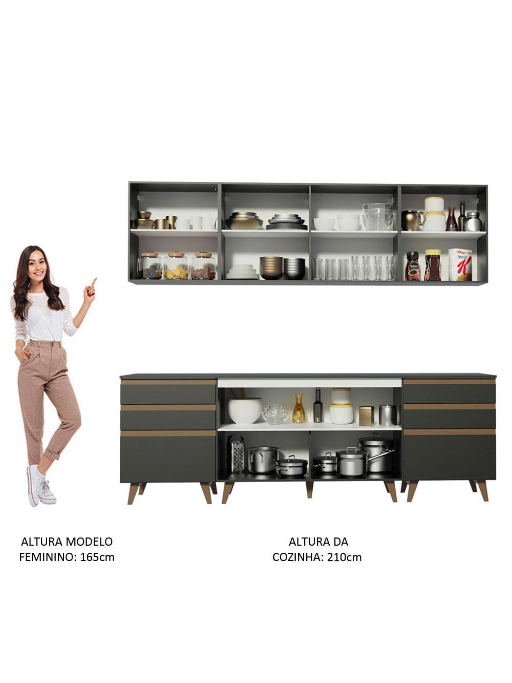 Armário de Cozinha Completa 240cm Preto/Rustic Reims Madesa 02