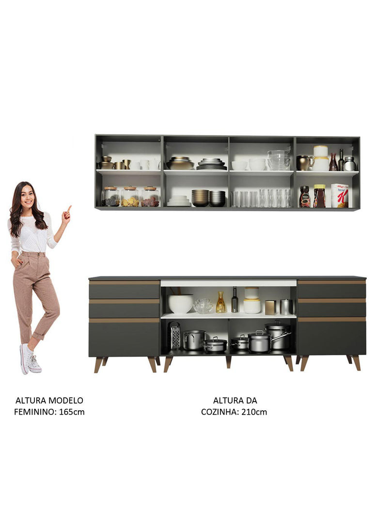 Armário de Cozinha Completa 240cm Preto/Rustic Reims Madesa 02