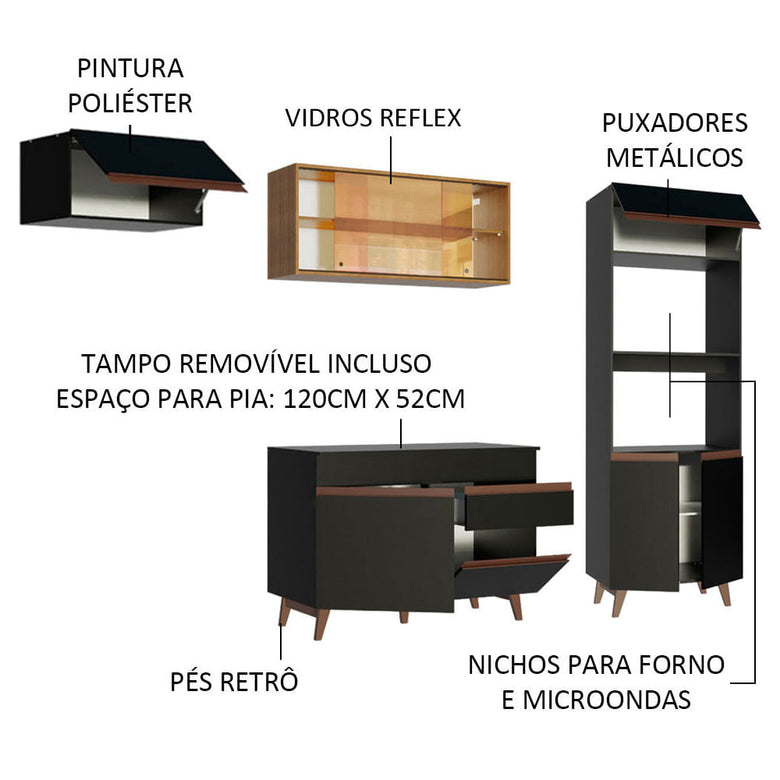 Armário de Cozinha Completa 260cm Preto/Rustic Reims Madesa 01
