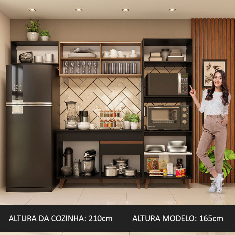 Armário de Cozinha Completa 260cm Preto/Rustic Reims Madesa 01