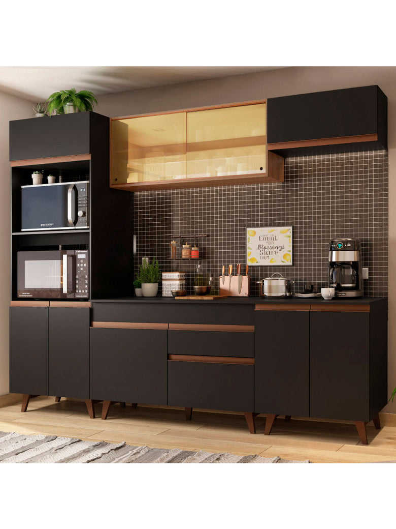 Armário de Cozinha Completa 260cm Preto/Rustic Reims Madesa 02