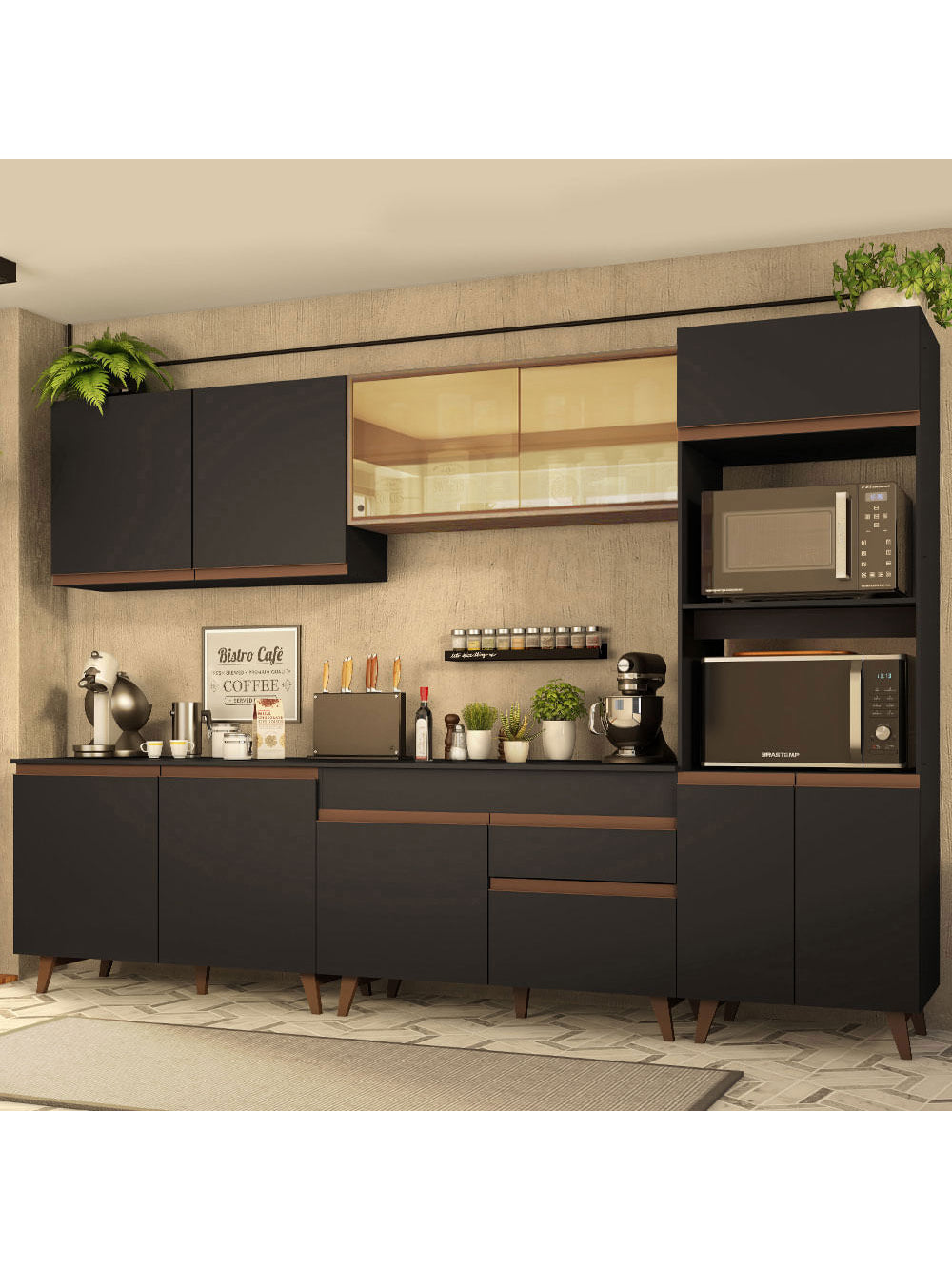 Armário de Cozinha Completa 310cm Preto/Rustic Reims Madesa 01 - Preto/Rustic