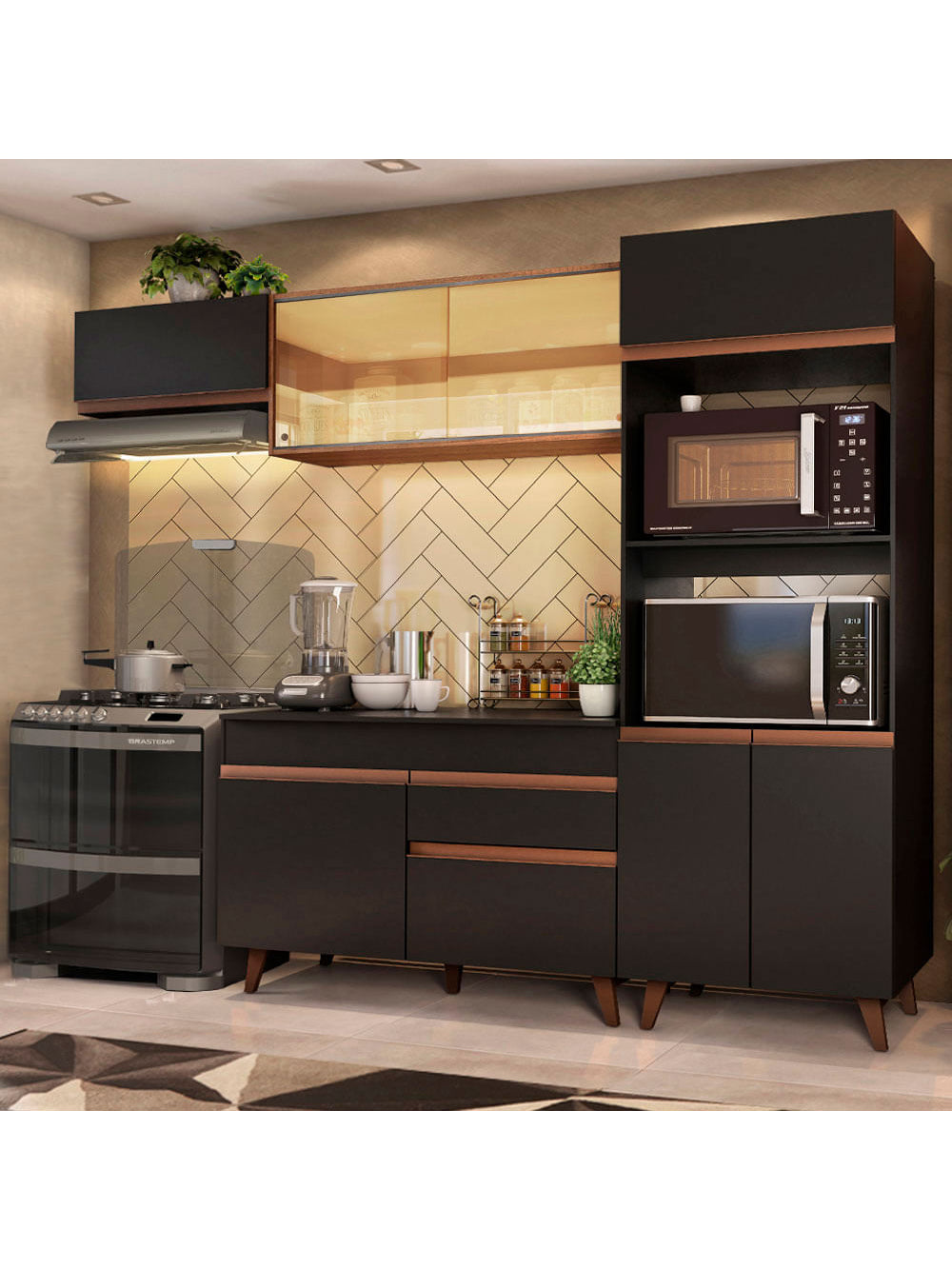 Armário de Cozinha Completa 260cm Preto/Rustic Reims Madesa XA01 - Preto/Rustic