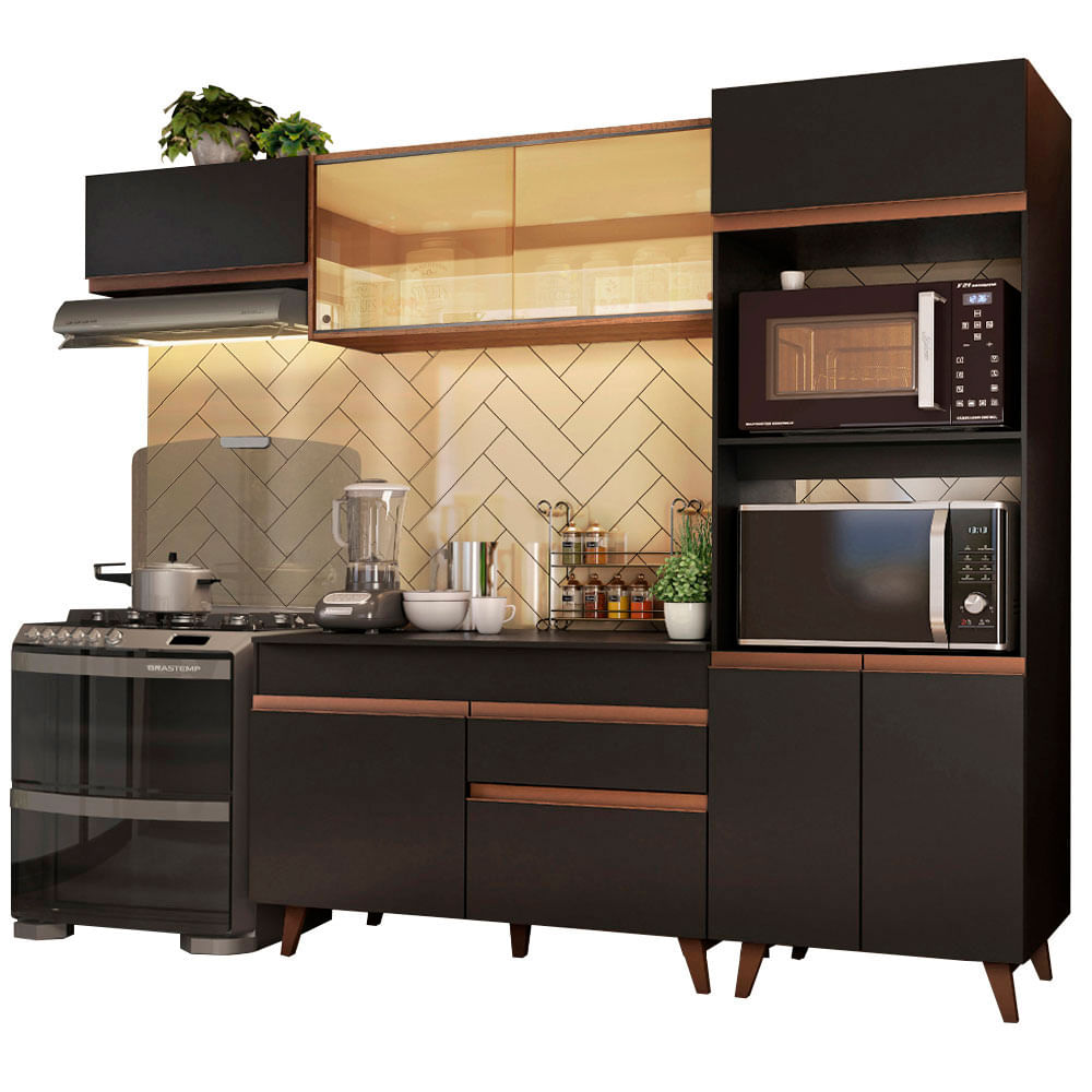 Armário de Cozinha Completa 260cm Preto/Rustic Reims Madesa XA01 - Preto/Rustic