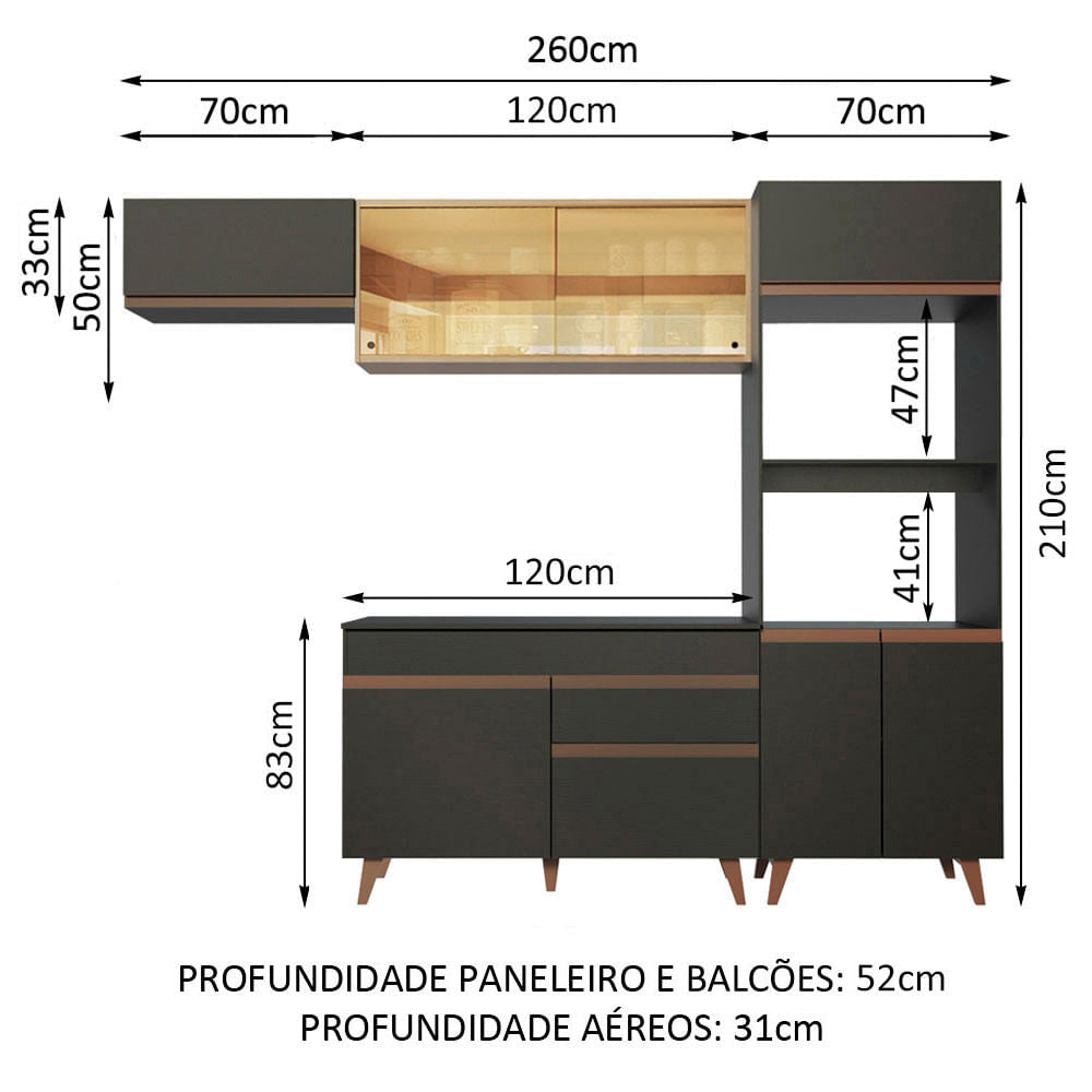 Armário de Cozinha Completa 260cm Preto/Rustic Reims Madesa XA01