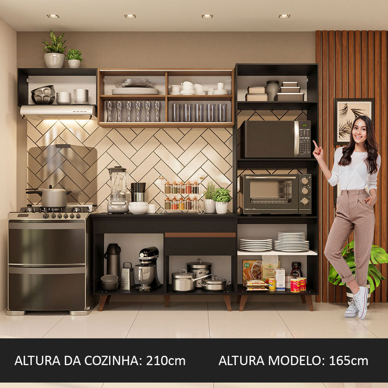 Armário de Cozinha Completa 260cm Preto/Rustic Reims Madesa XA01