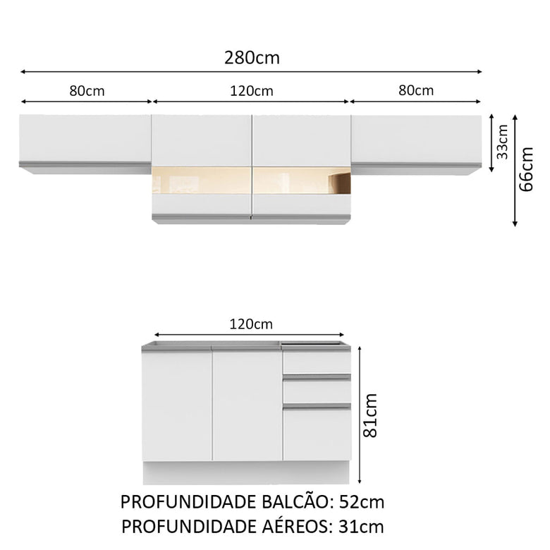 Armário de Cozinha Compacta 280cm Branco Marina Madesa 01