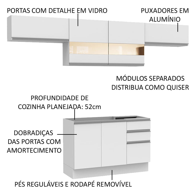 Armário de Cozinha Compacta 280cm Branco Marina Madesa 01