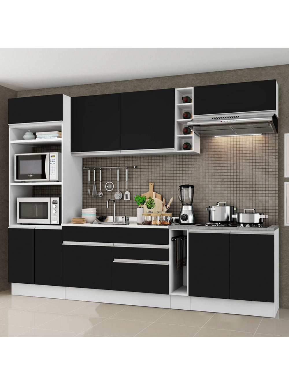 Armário de Cozinha Completa 290cm Branco/Preto Vicenza Madesa 02 - Branco/Preto