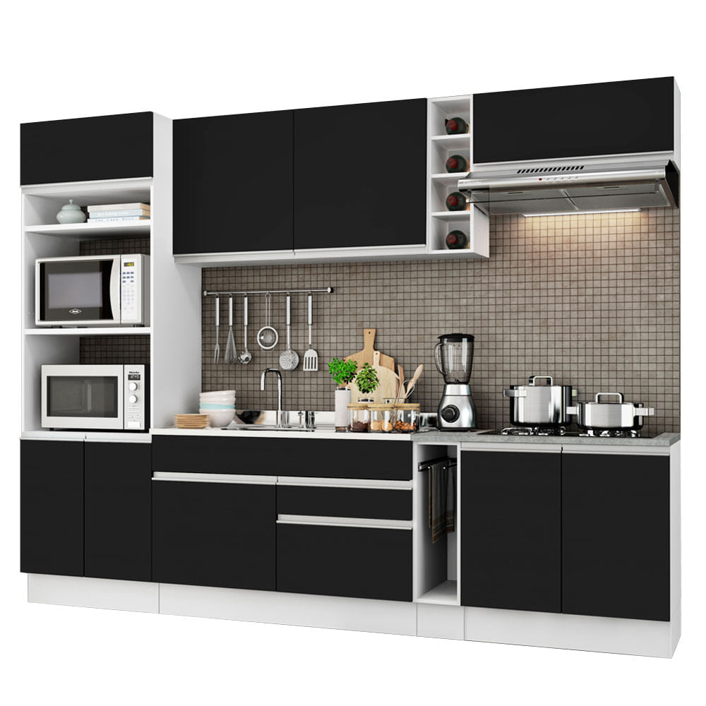 Armário de Cozinha Completa 290cm Branco/Preto Vicenza Madesa 02 - Branco/Preto