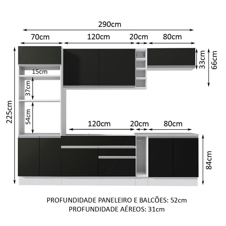 Armário de Cozinha Completa 290cm Branco/Preto Vicenza Madesa 02