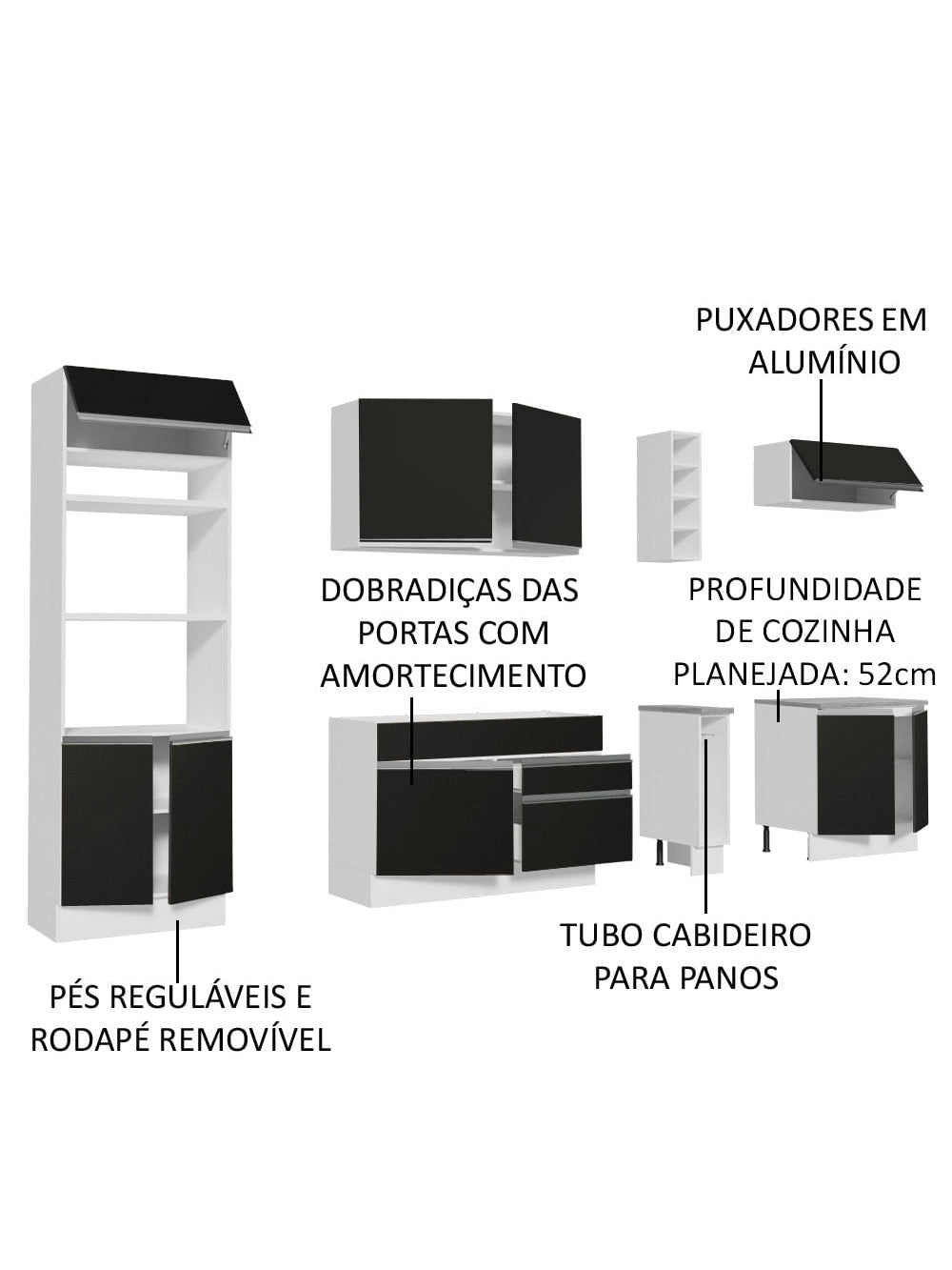 Armário de Cozinha Completa 290cm Branco/Preto Vicenza Madesa 02