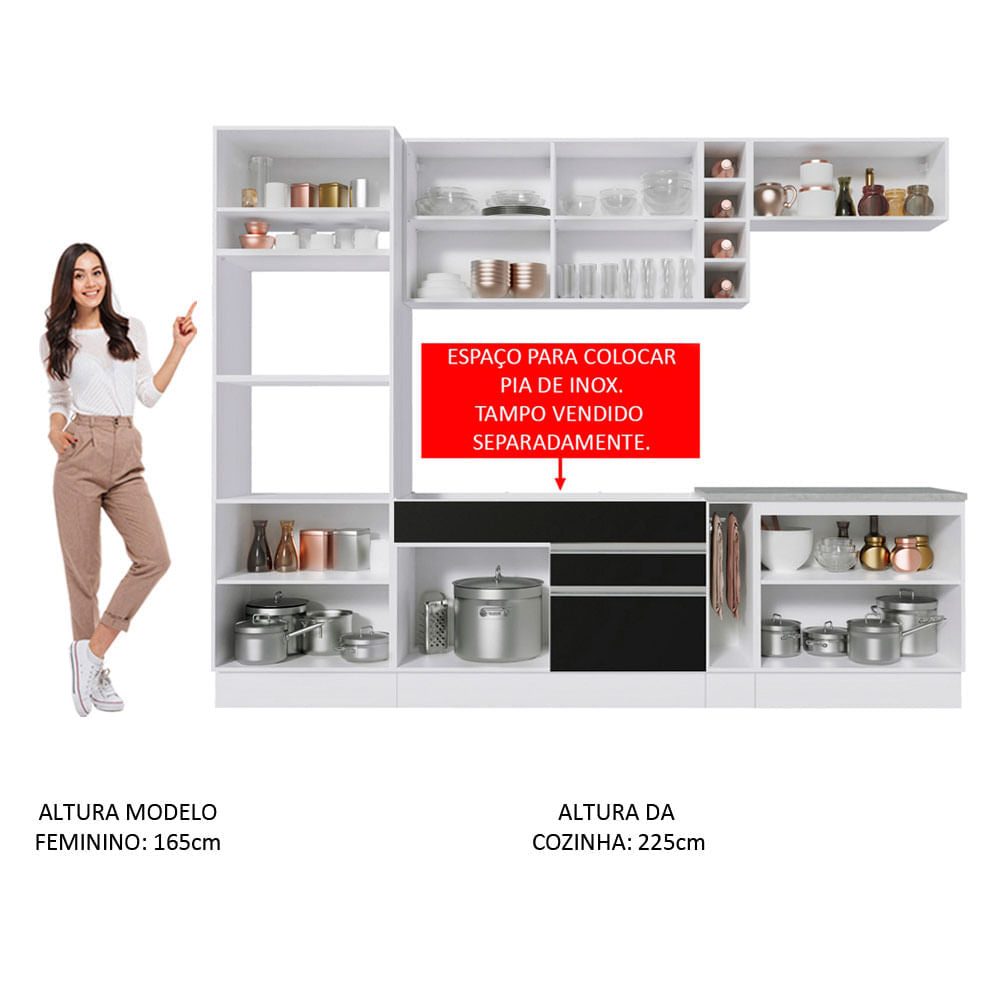 Armário de Cozinha Completa 290cm Branco/Preto Vicenza Madesa 02