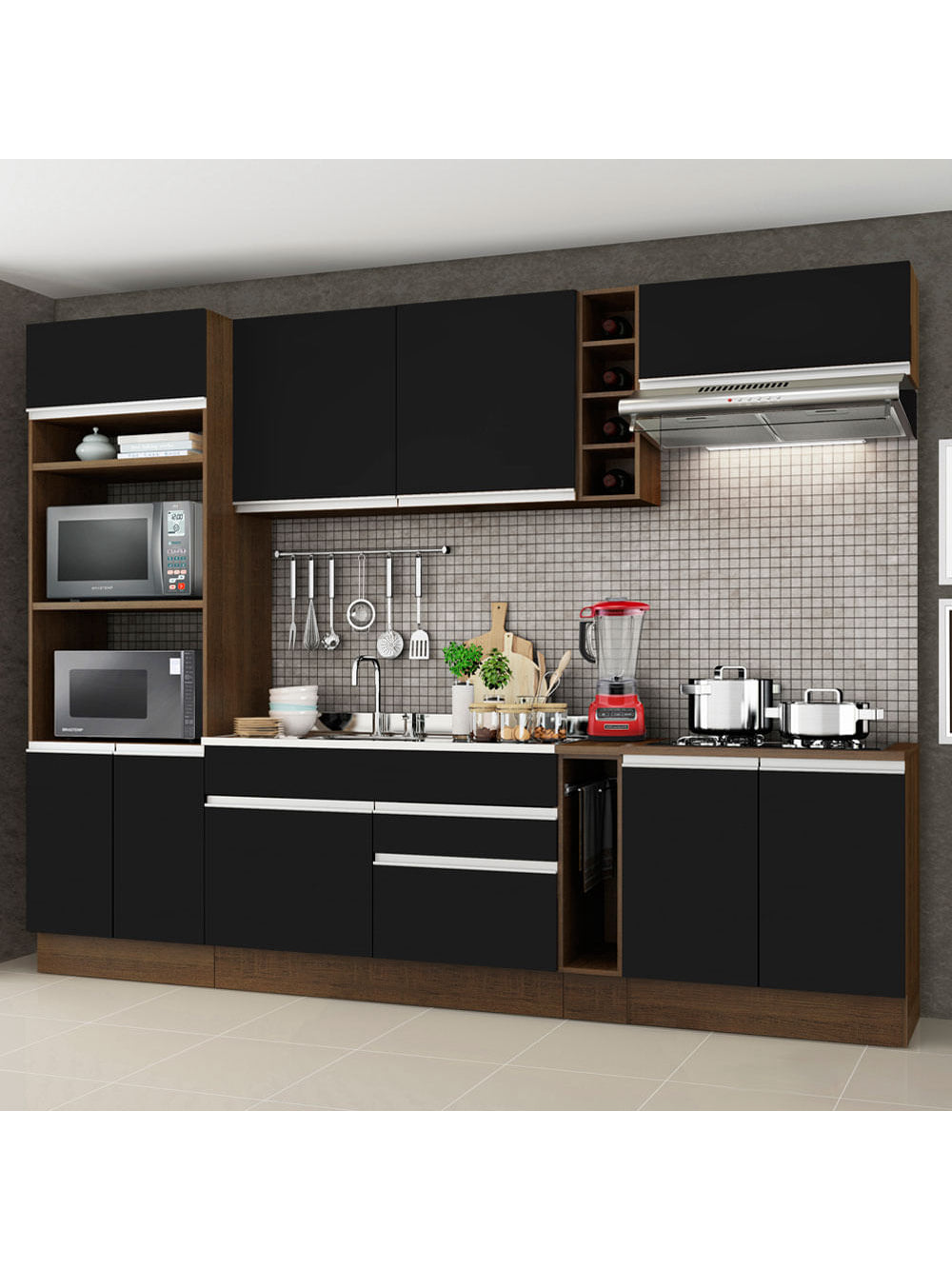 Armário de Cozinha Completa 290cm Rustic/Preto Vicenza Madesa 02 - Rustic/Preto