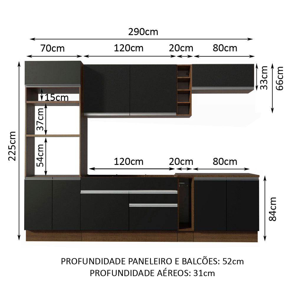Armário de Cozinha Completa 290cm Rustic/Preto Vicenza Madesa 02