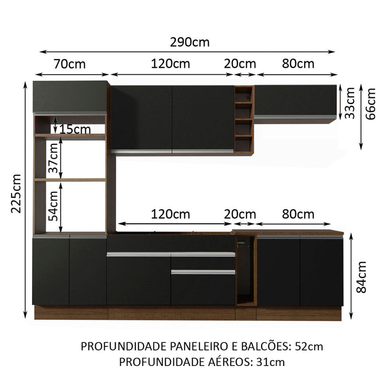 Armário de Cozinha Completa 290cm Rustic/Preto Vicenza Madesa 02