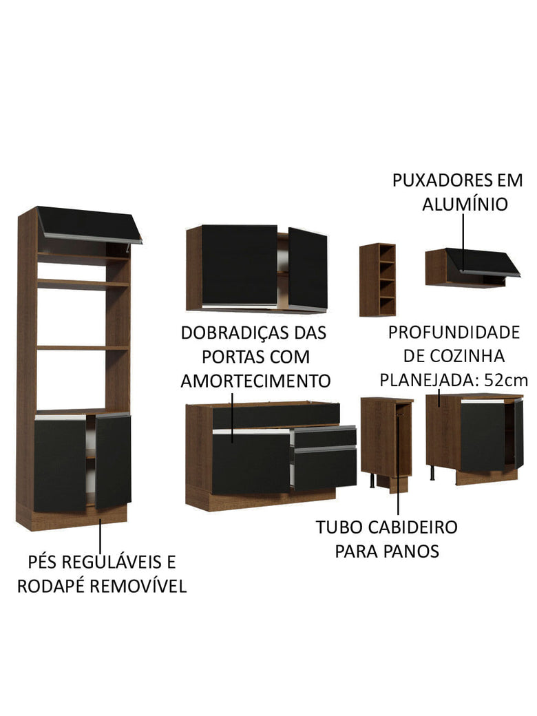 Armário de Cozinha Completa 290cm Rustic/Preto Vicenza Madesa 02
