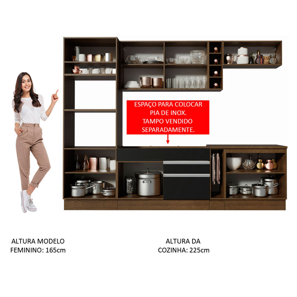 Armário de Cozinha Completa 290cm Rustic/Preto Vicenza Madesa 02