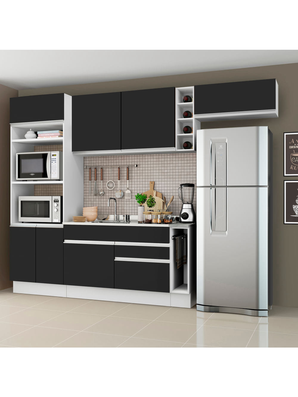 Armário de Cozinha Completa 290cm Branco/Preto Safira Madesa 04 - Branco/Preto