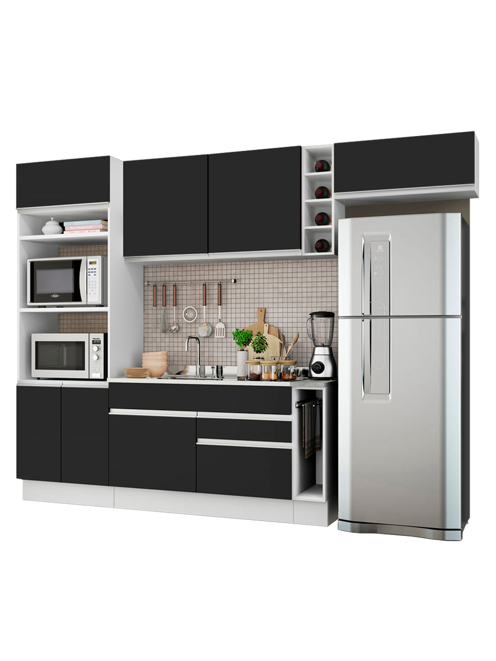 Armário de Cozinha Completa 290cm Branco/Preto Safira Madesa 04 - Branco/Preto