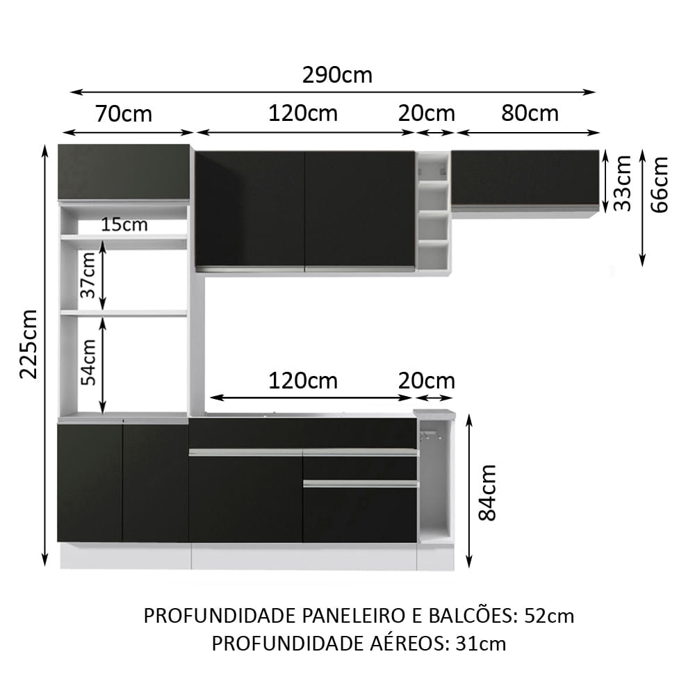 Armário de Cozinha Completa 290cm Branco/Preto Safira Madesa 04