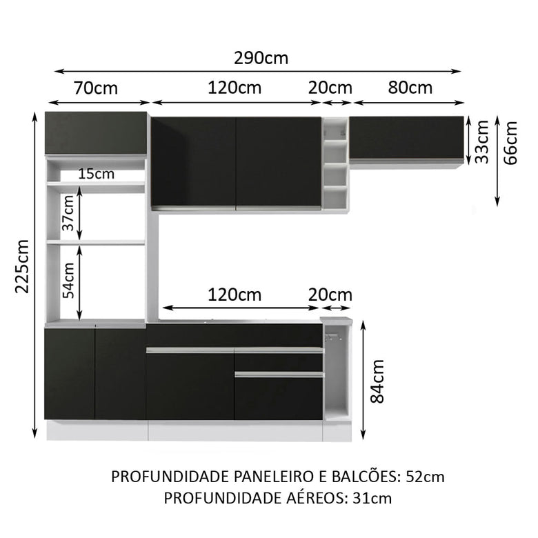 Armário de Cozinha Completa 290cm Branco/Preto Safira Madesa 04