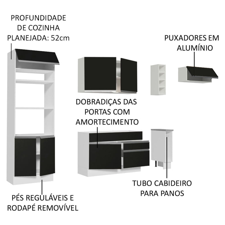 Armário de Cozinha Completa 290cm Branco/Preto Safira Madesa 04
