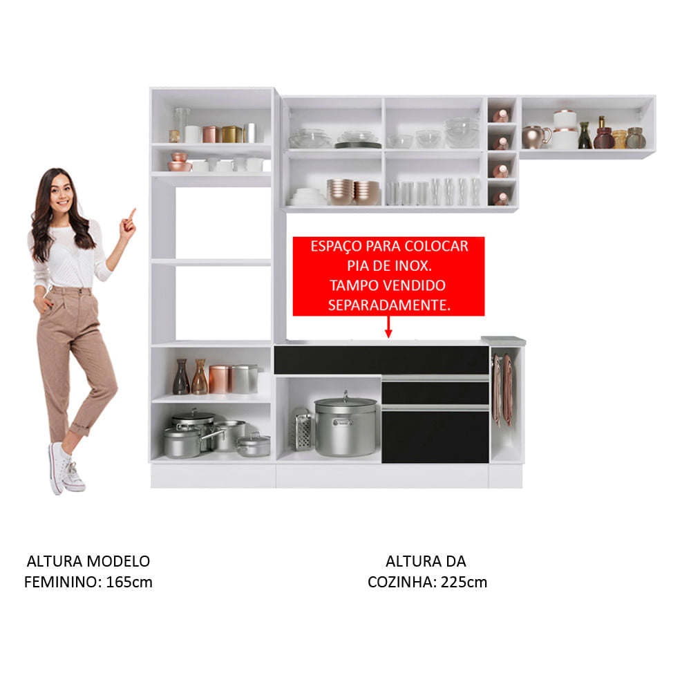 Armário de Cozinha Completa 290cm Branco/Preto Safira Madesa 04