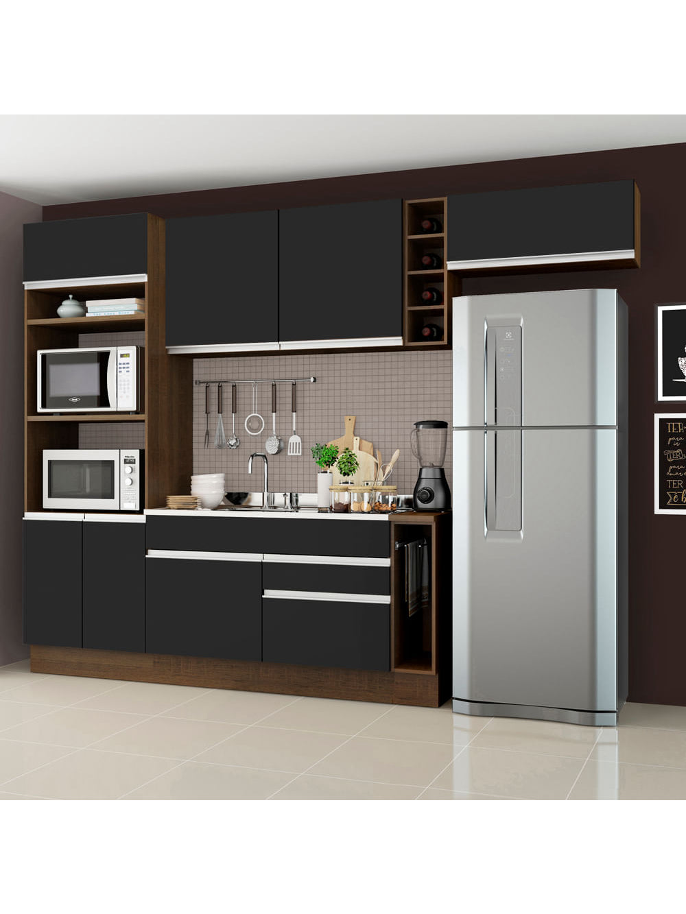 Armário de Cozinha Completa 290cm Rustic/Preto Safira Madesa 04 - Rustic/Preto