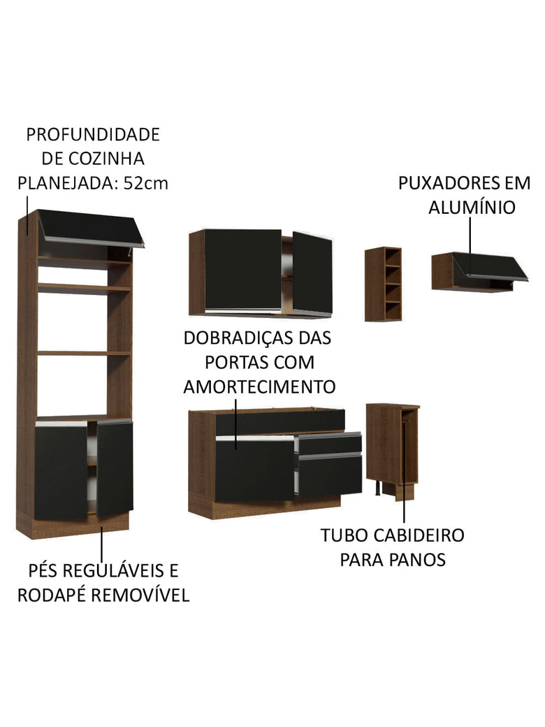 Armário de Cozinha Completa 290cm Rustic/Preto Safira Madesa 04