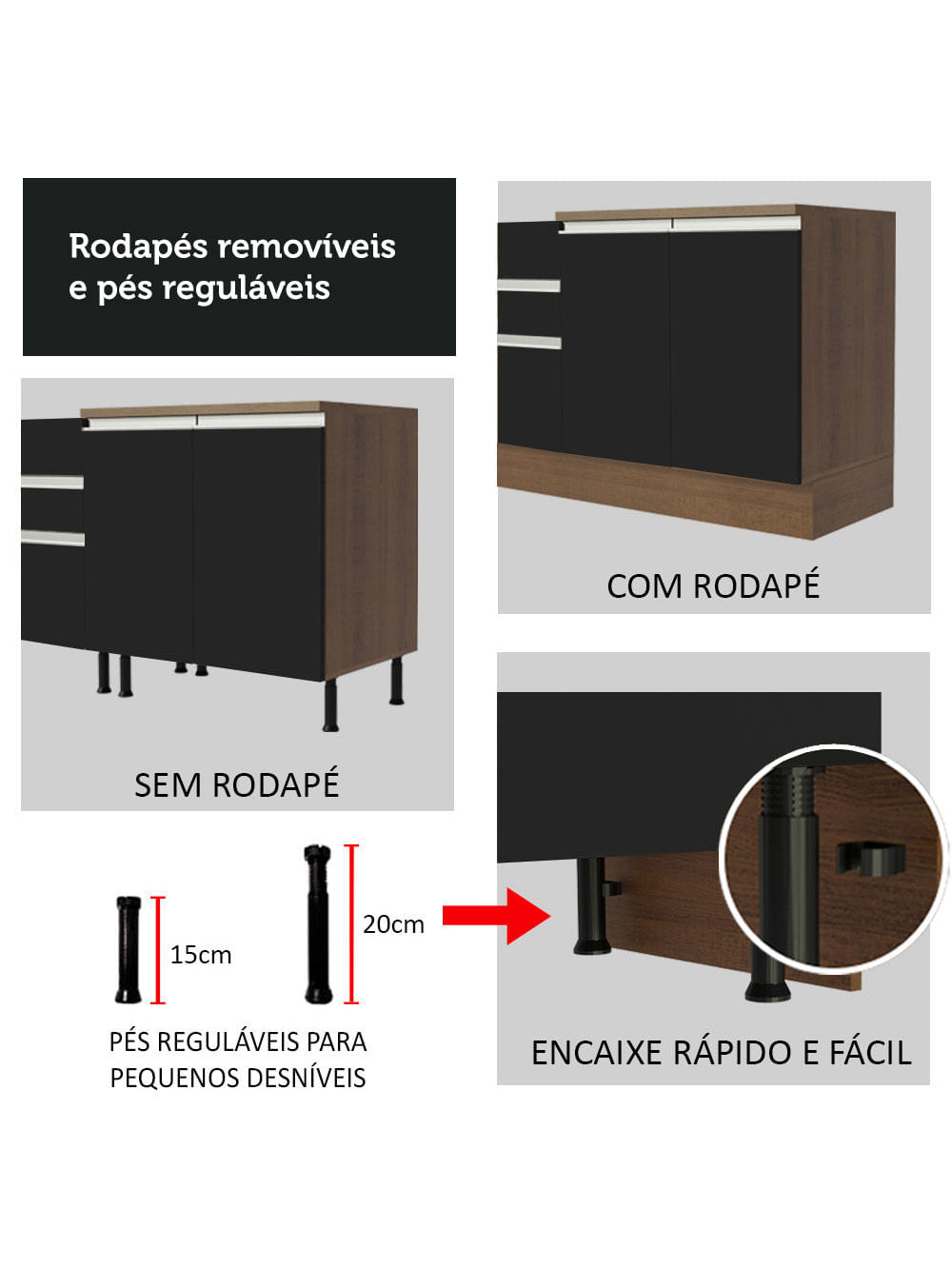 Armário de Cozinha Completa 290cm Rustic/Preto Safira Madesa 04