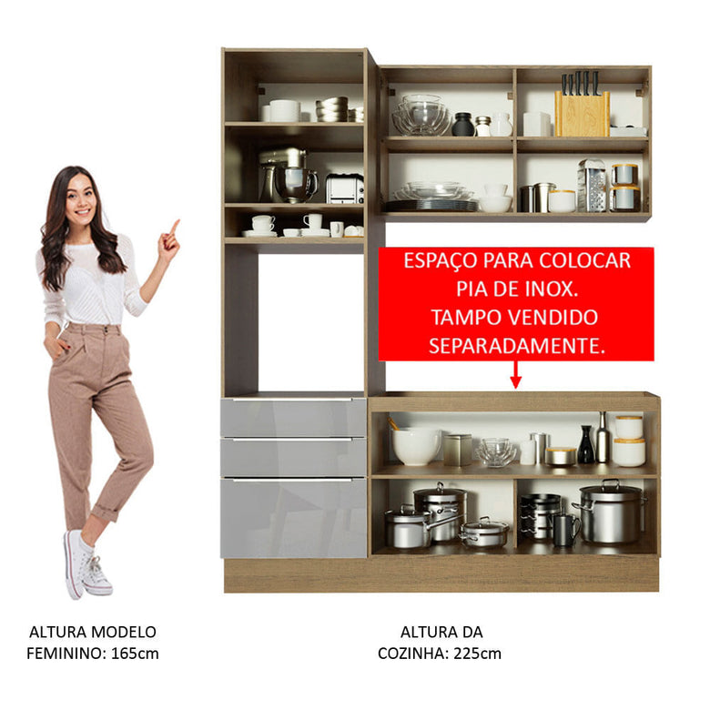Armário de Cozinha Compacta 180cm Rustic/Cinza Lux Madesa 01
