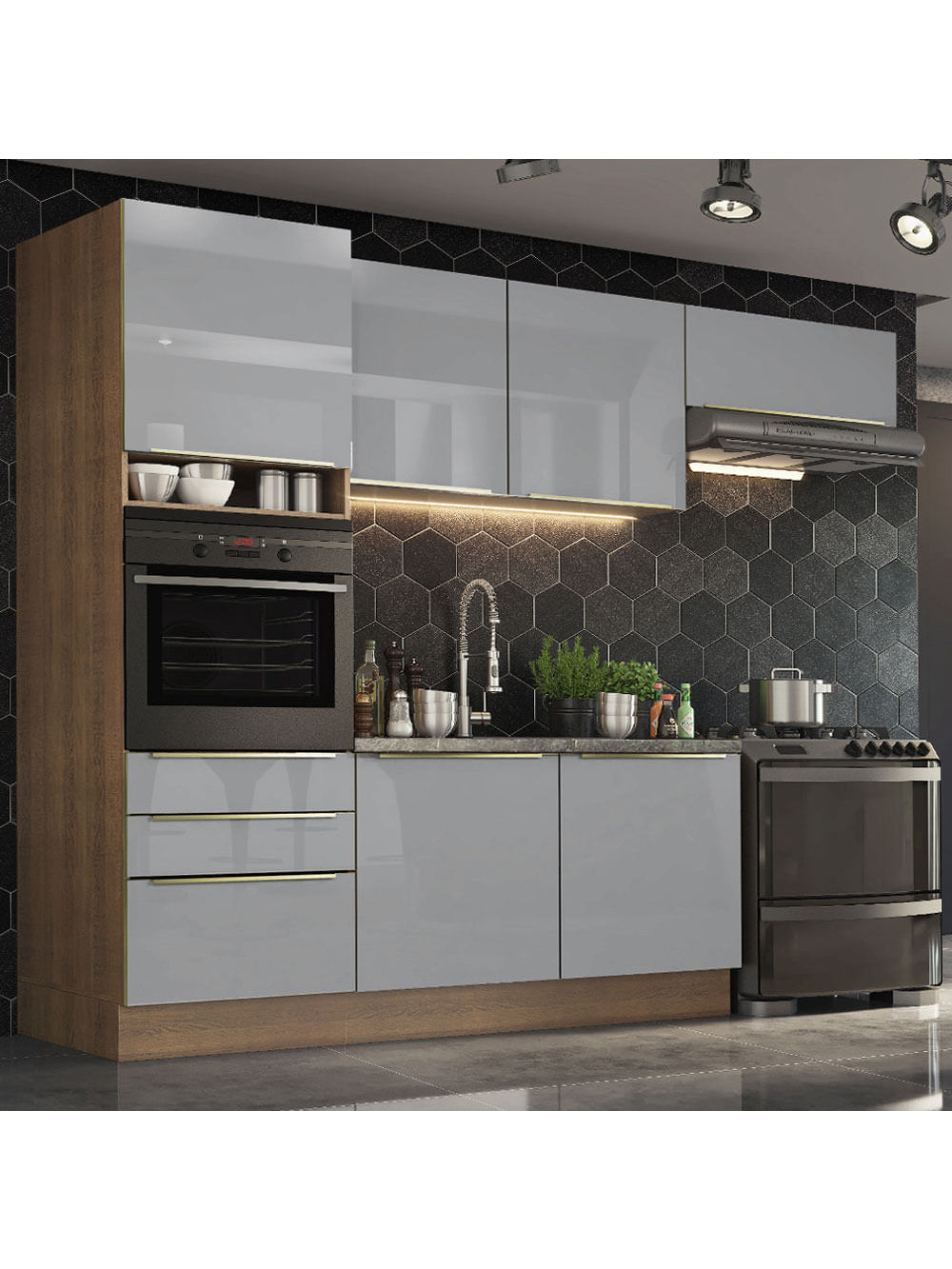 Armário de Cozinha Completa 260cm Rustic/Cinza Lux Madesa 03 - Rustic/Cinza