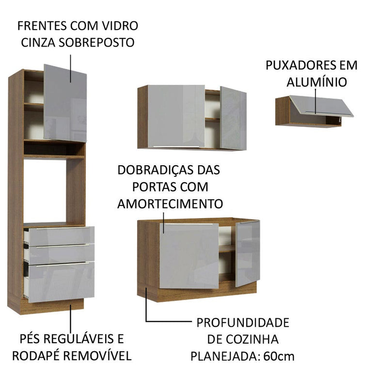Armário de Cozinha Completa 260cm Rustic/Cinza Lux Madesa 03