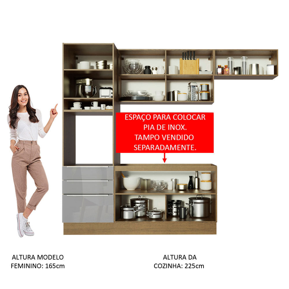 Armário de Cozinha Completa 260cm Rustic/Cinza Lux Madesa 03