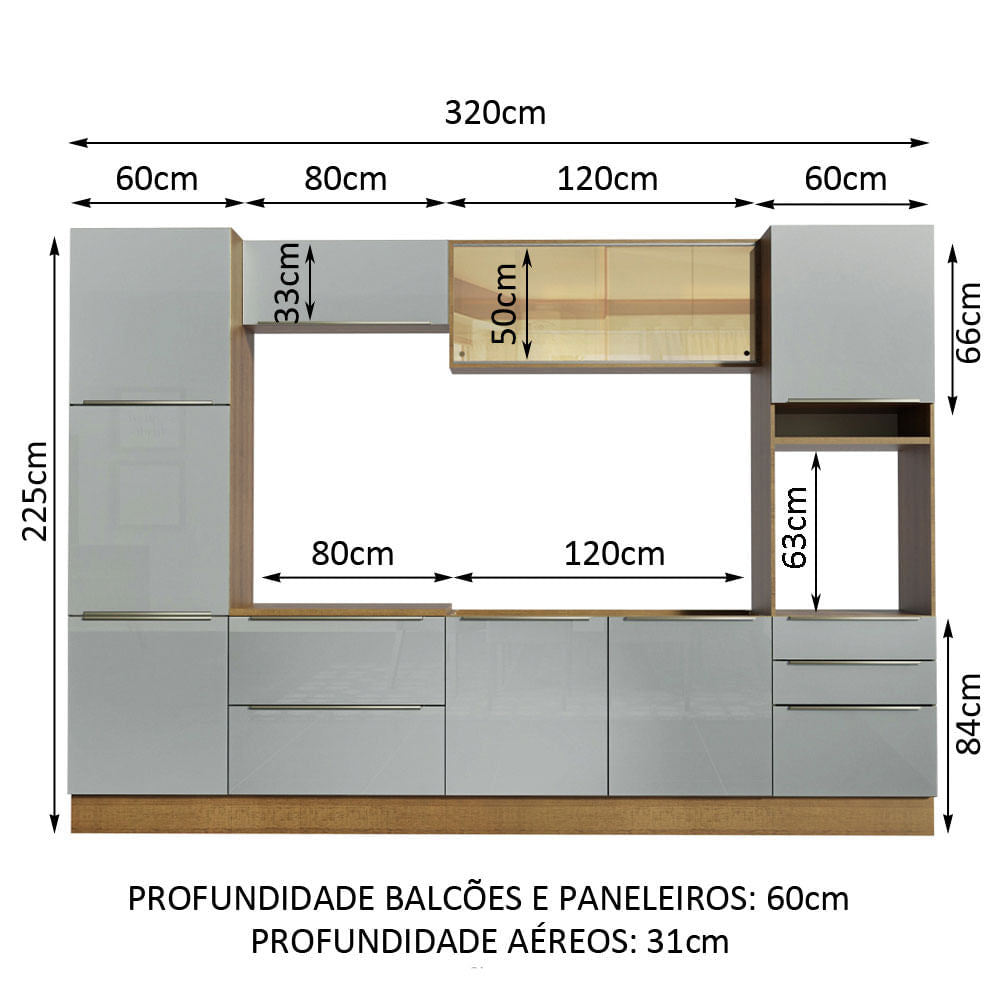 Armário de Cozinha Completa 320cm Rustic/Cinza Lux Madesa 01